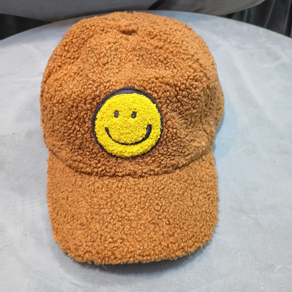 Smiley Face Sherpa Fleece Baseball Cap Brown Faux Shearling Hat One Size